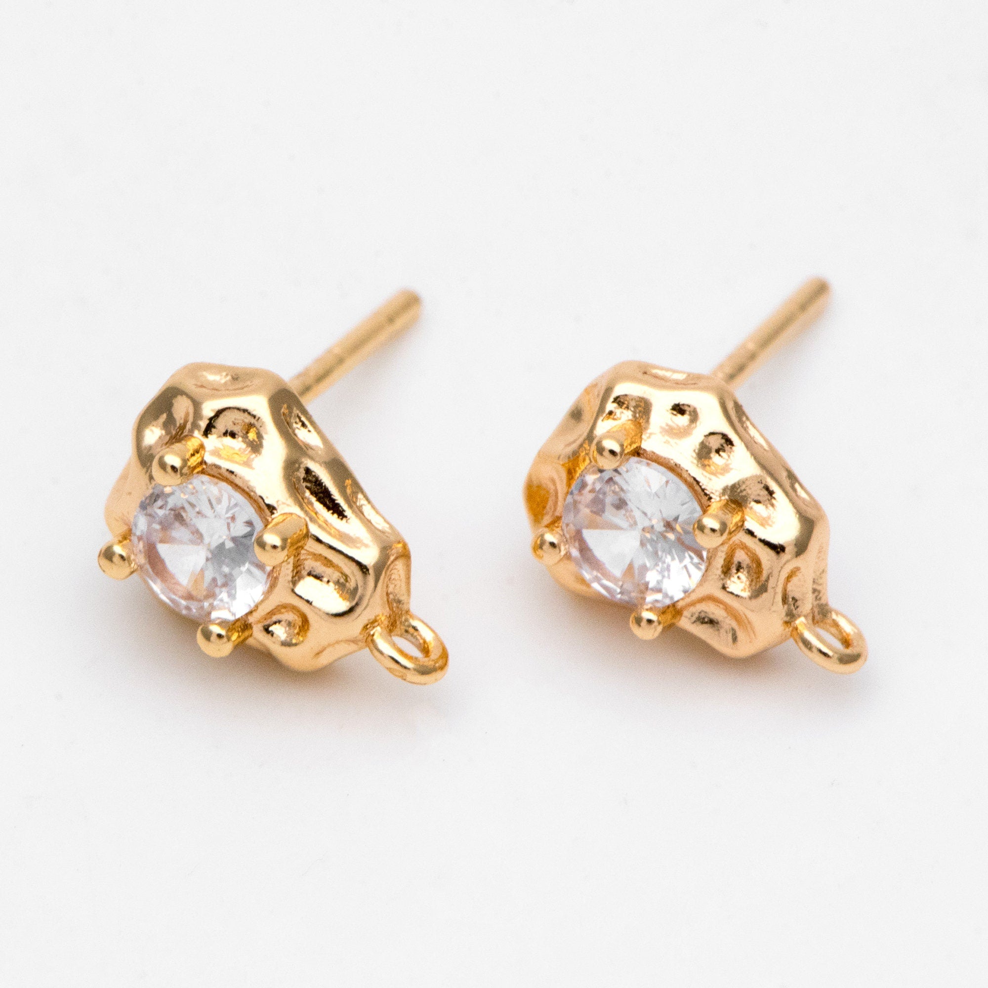 10pcs Gold Irregularity Stud Earrings, CZ Pave Ear Posts 10x7mm, Gold plated Brass Earring Findings (GB-3154)